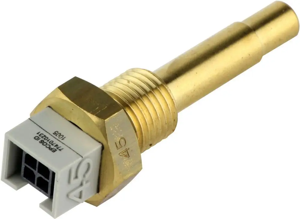Bosch Kessel-/STB-Fühler mit einer zylindrischen, messingfarbenen Gehäuse und einer elektrischen Anschlussbuchse auf einer Seite.